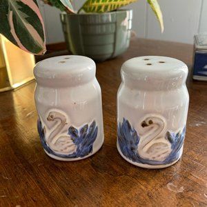 Pair of swan salt and pepper shakers ceramic stonewear